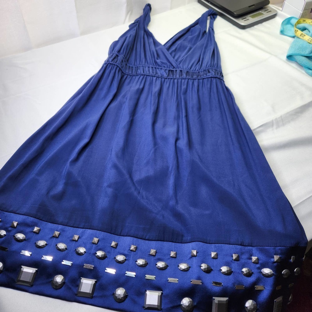 Hale Bob Navy Blue Silk Blend Embellished V-Neck Empire Waist Mini Dress Size M - Picture 5 of 10